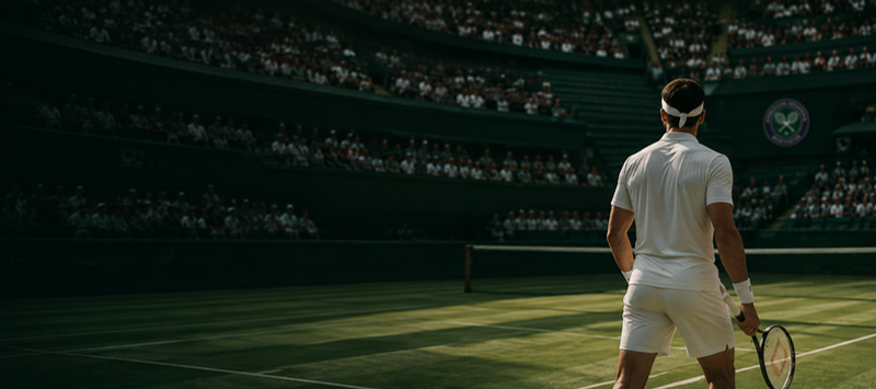 A tennis player entering a grass court